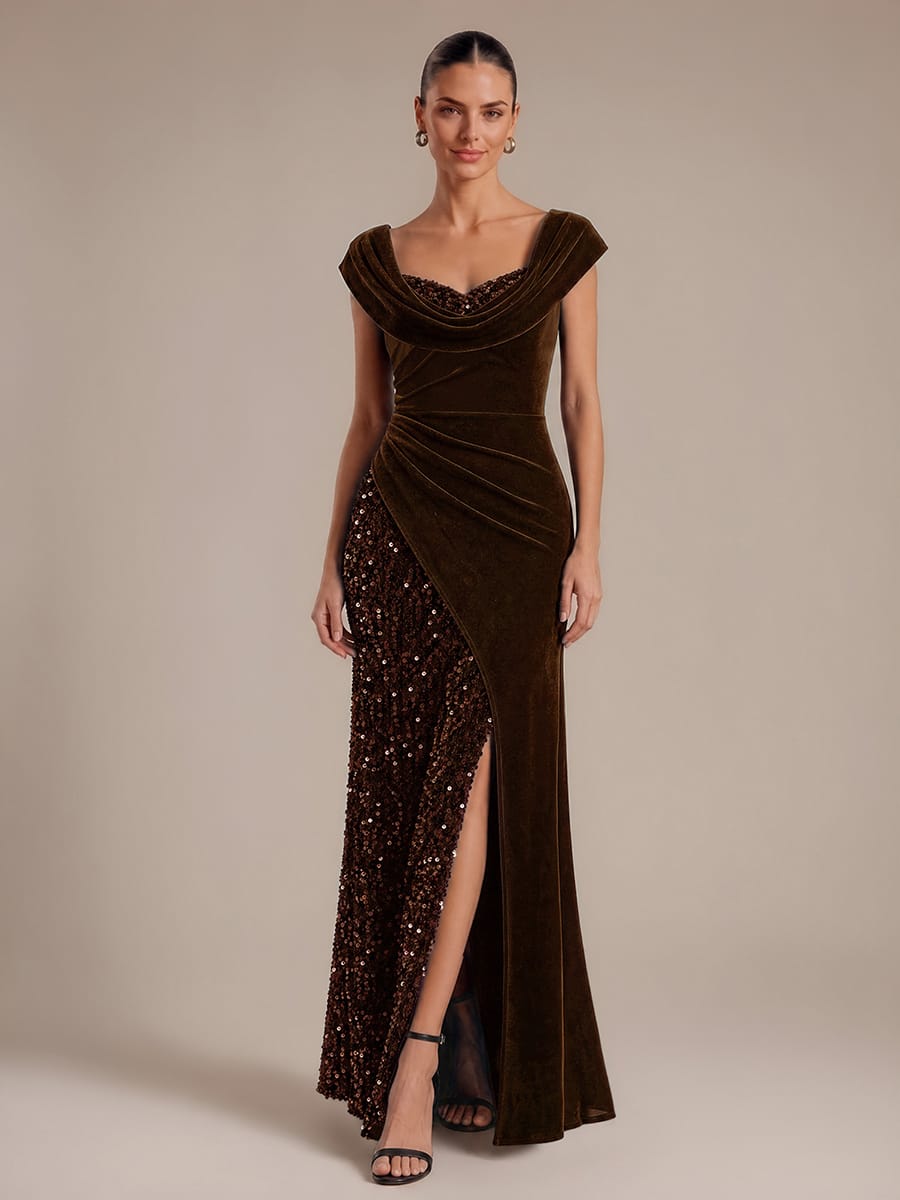 Sequin Velvet Cap Sleeve Dress #color_Chocolate Brown