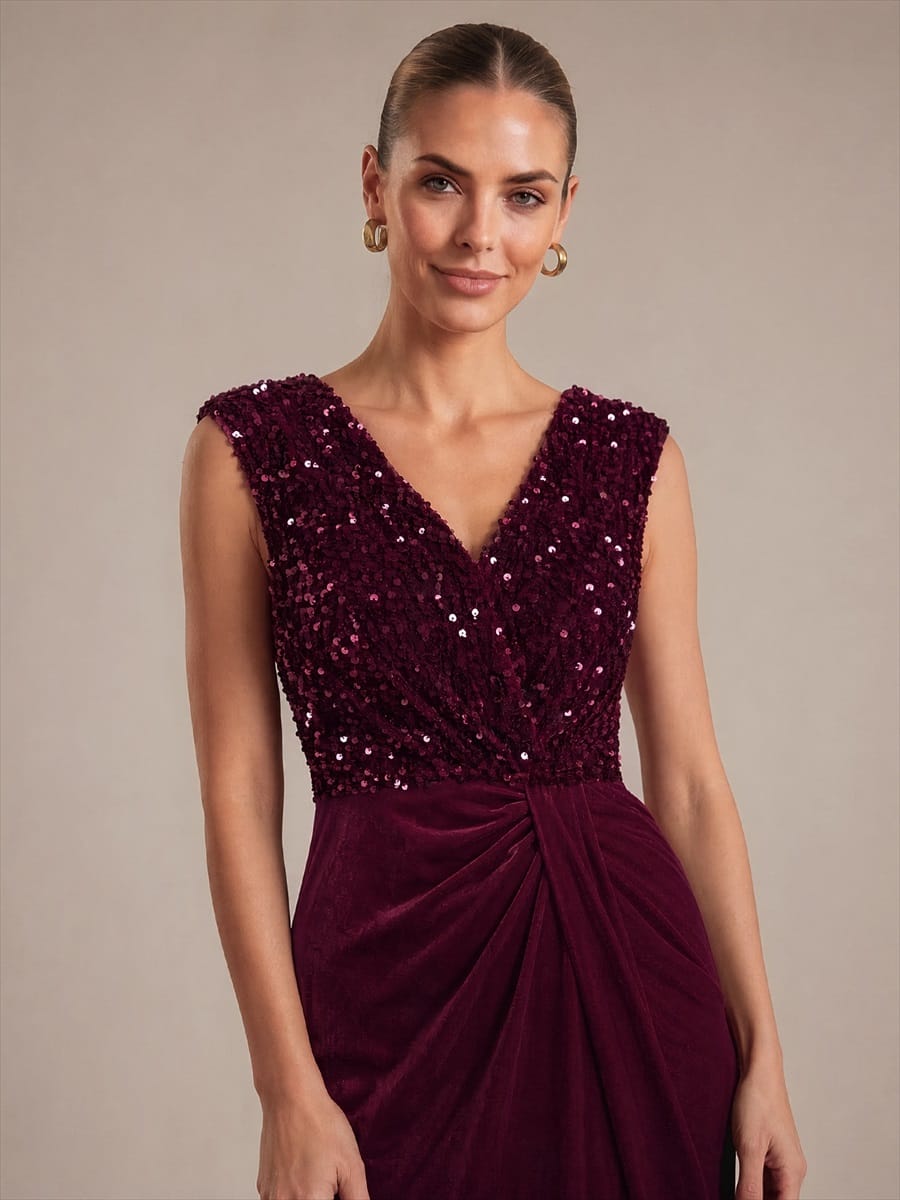 Sequin Velvet Sleeveless Dress #color_Burgundy