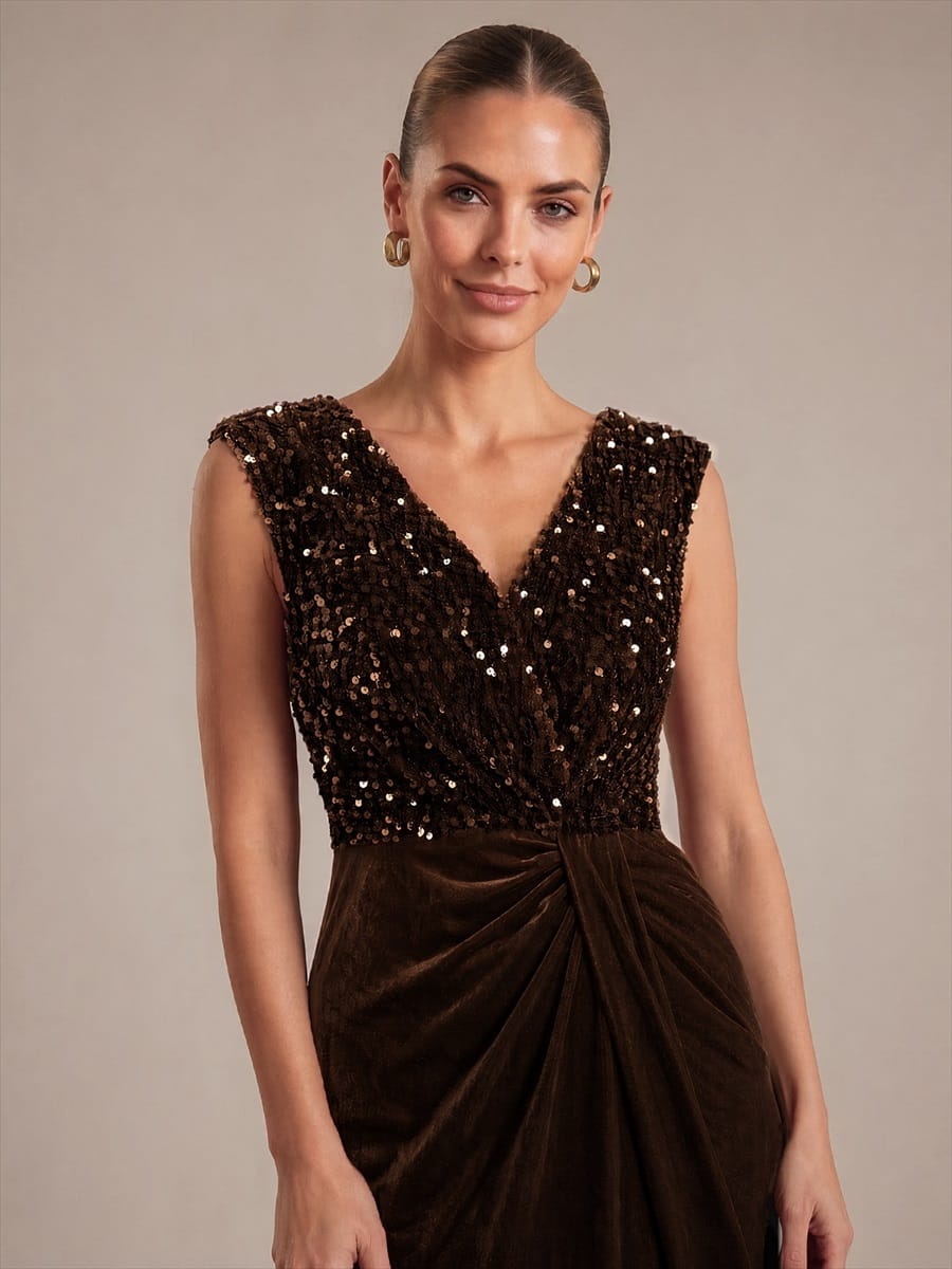 Sequin Velvet Sleeveless Dress #color_Chocolate Brown