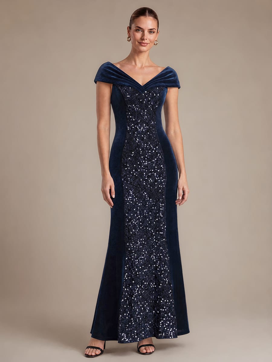 Sequin Velvet Cap Sleeve Dress #color_Navy Blue