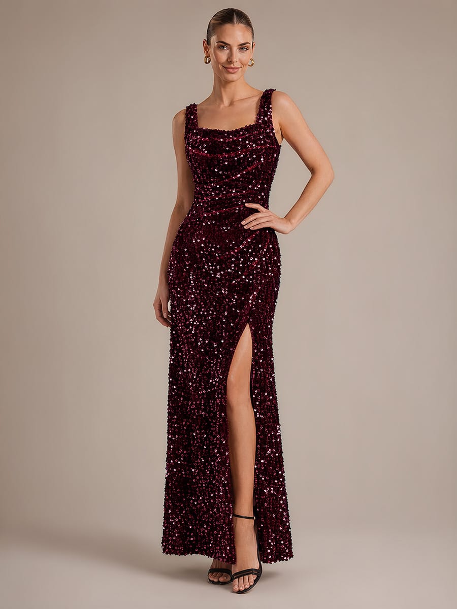 Cowl Neck Sequin Sleeveless Dress #color_Burgundy