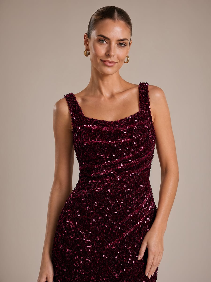 Cowl Neck Sequin Sleeveless Dress #color_Burgundy