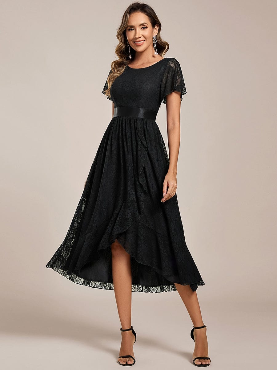 Short Sleeve Ruffled Lace Midi Weeding Guest Dress #color_Black