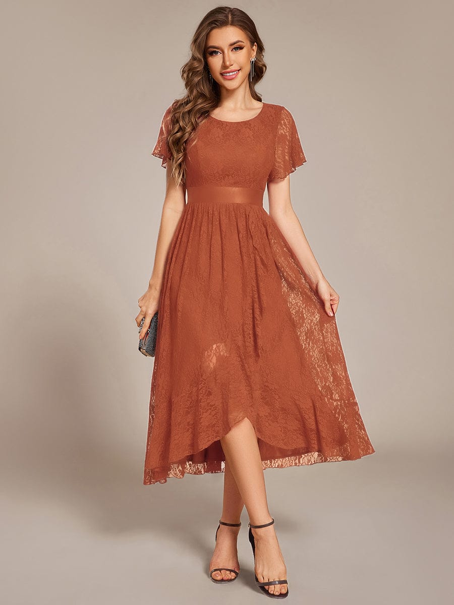 Short Sleeve Ruffled Lace Midi Weeding Guest Dress #color_Burnt Orange
