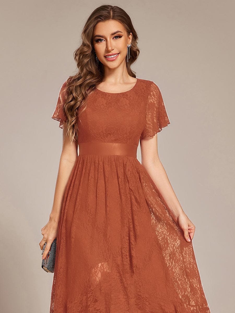 Short Sleeve Ruffled Lace Midi Weeding Guest Dress #color_Burnt Orange