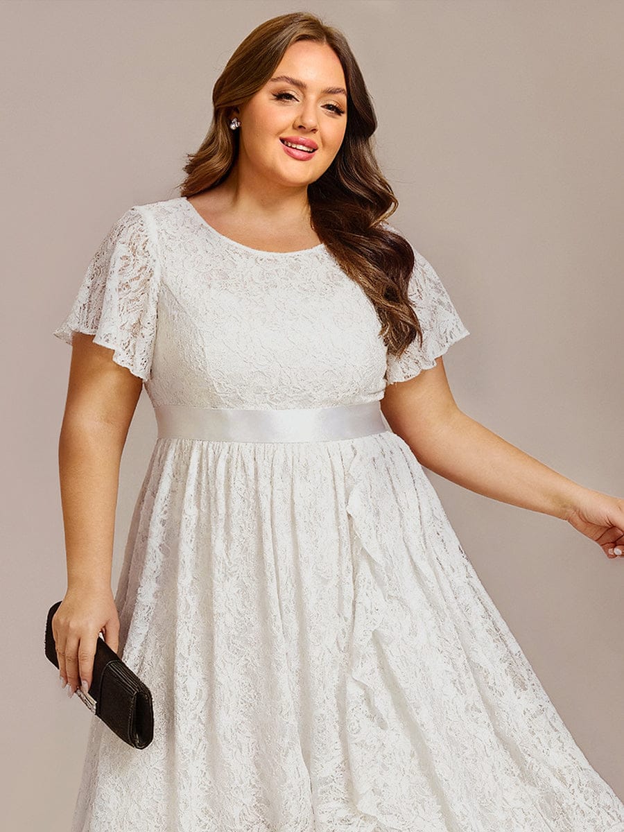Short Sleeve Ruffled Lace Midi Weeding Guest Dress #color_White