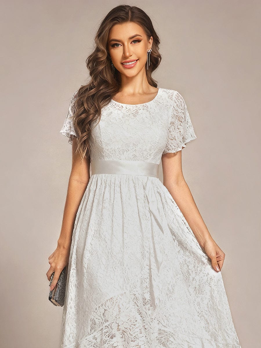 Short Sleeve Ruffled Lace Midi Weeding Guest Dress #color_White
