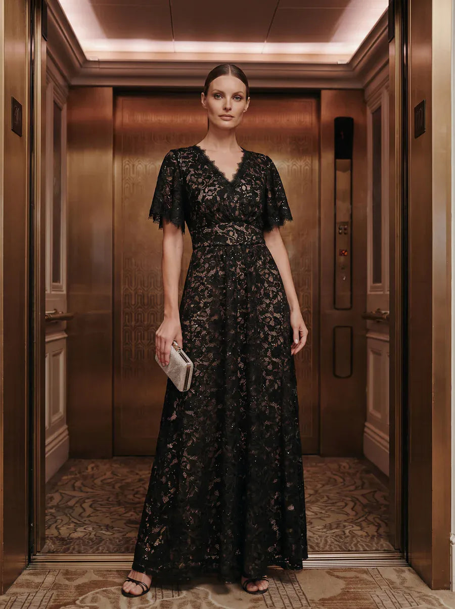 Sequin Lace Ruffle Sleeve Dress #color_Black