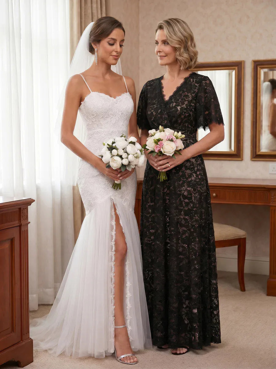 Sequin Lace Ruffle Sleeve Dress #color_Black