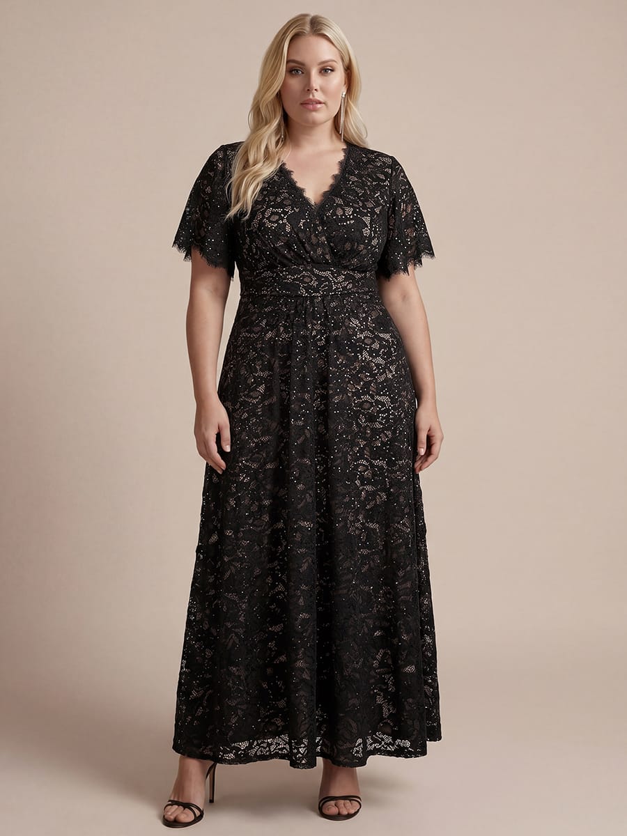 Sequin Lace Ruffle Sleeve Dress #color_Black