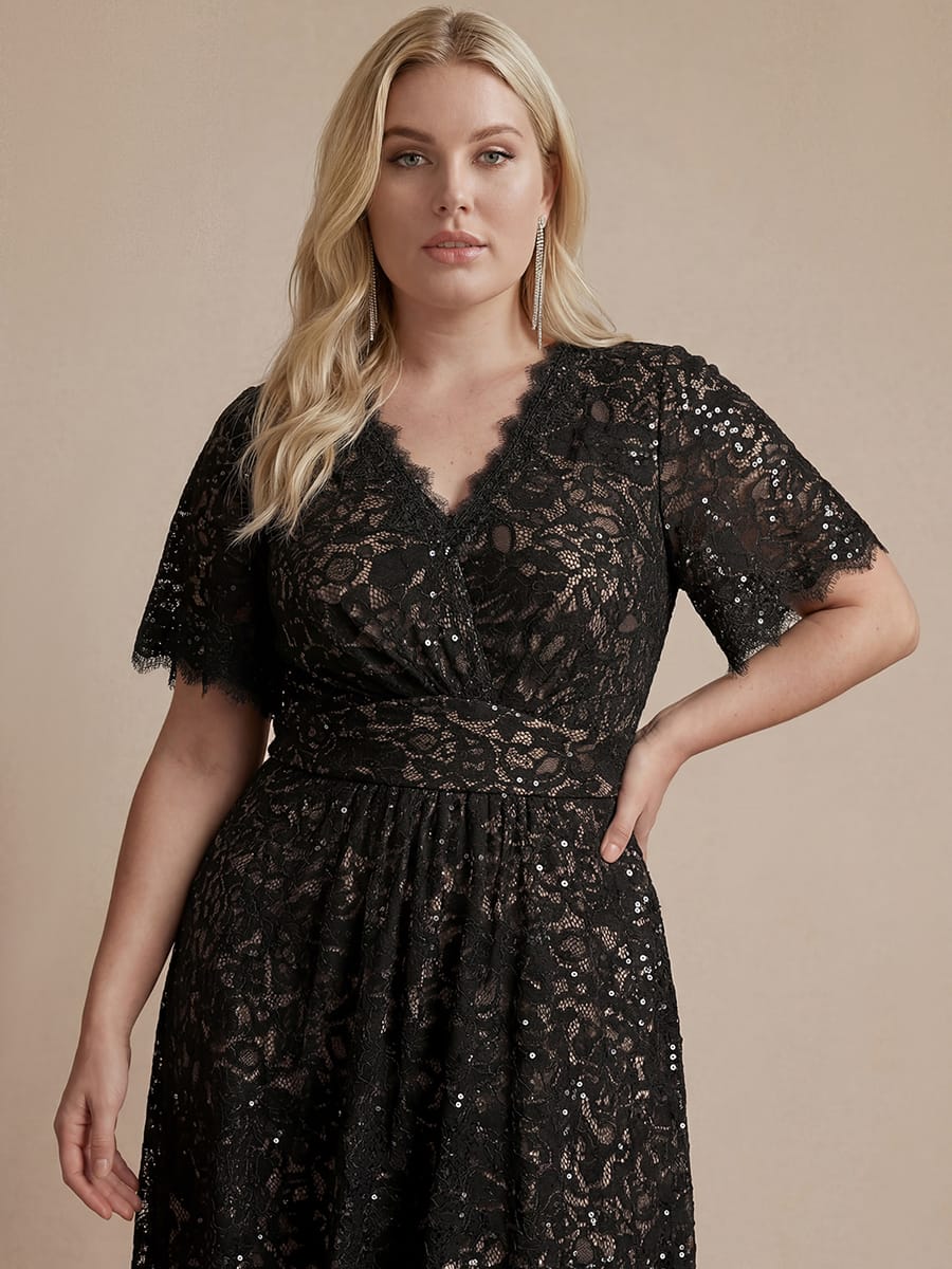 Sequin Lace Ruffle Sleeve Dress #color_Black