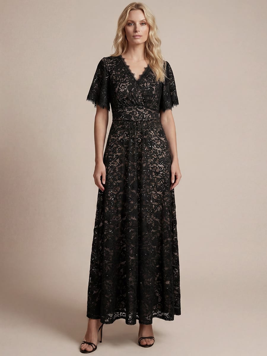 Sequin Lace Ruffle Sleeve Dress #color_Black