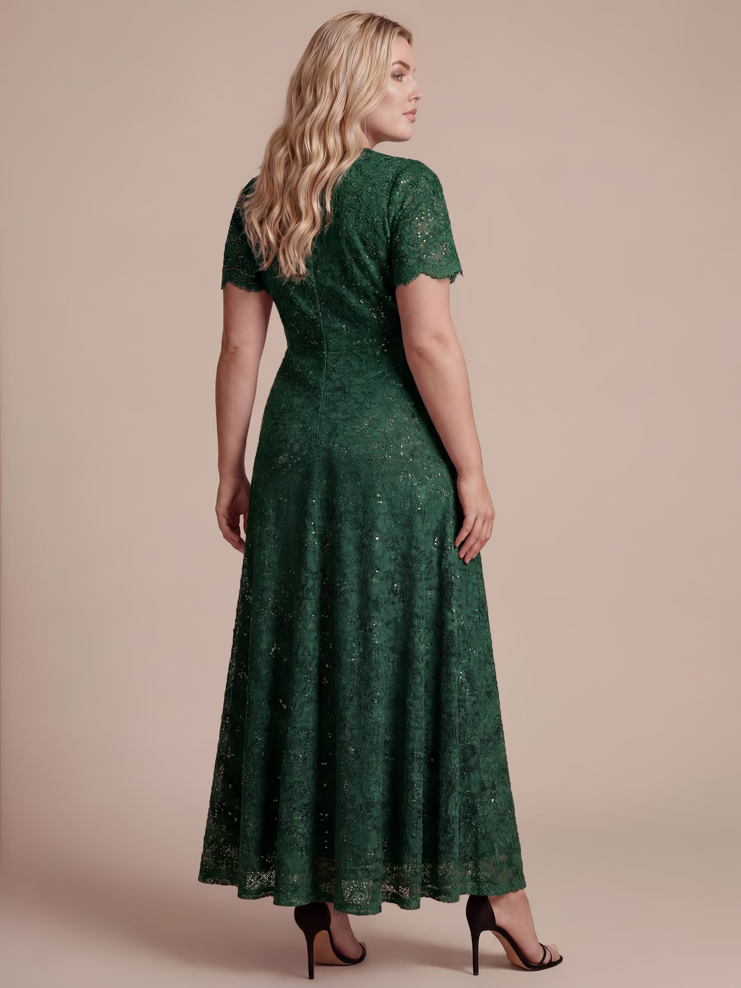 Sequin Lace Ruffle Sleeve Dress #color_Dark Green