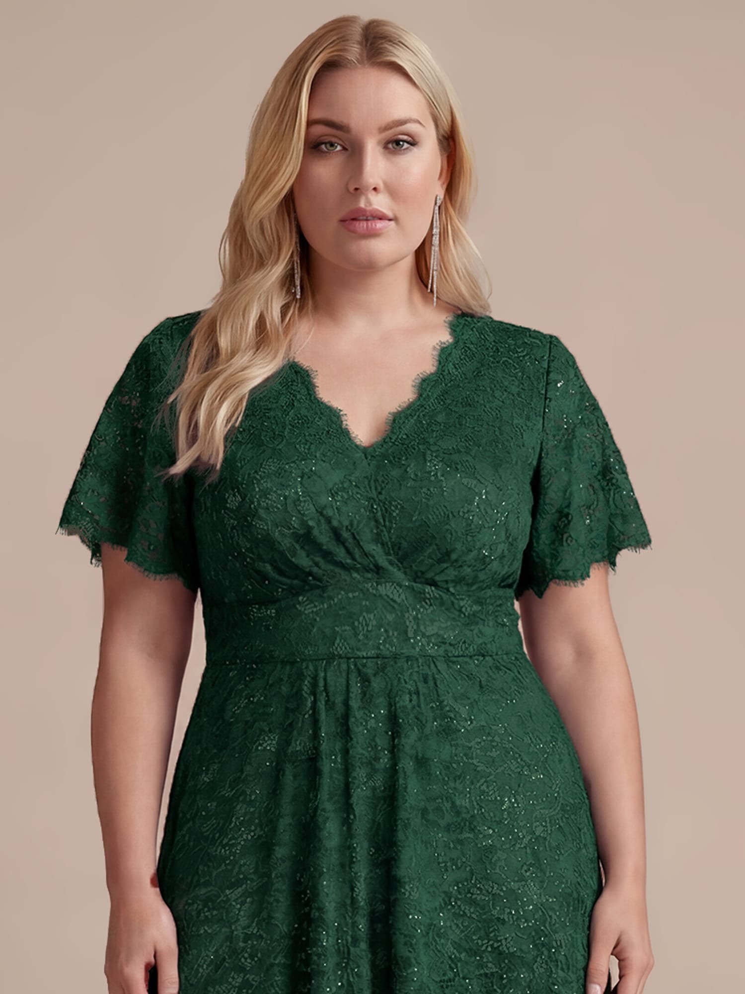 Sequin Lace Ruffle Sleeve Dress #color_Dark Green