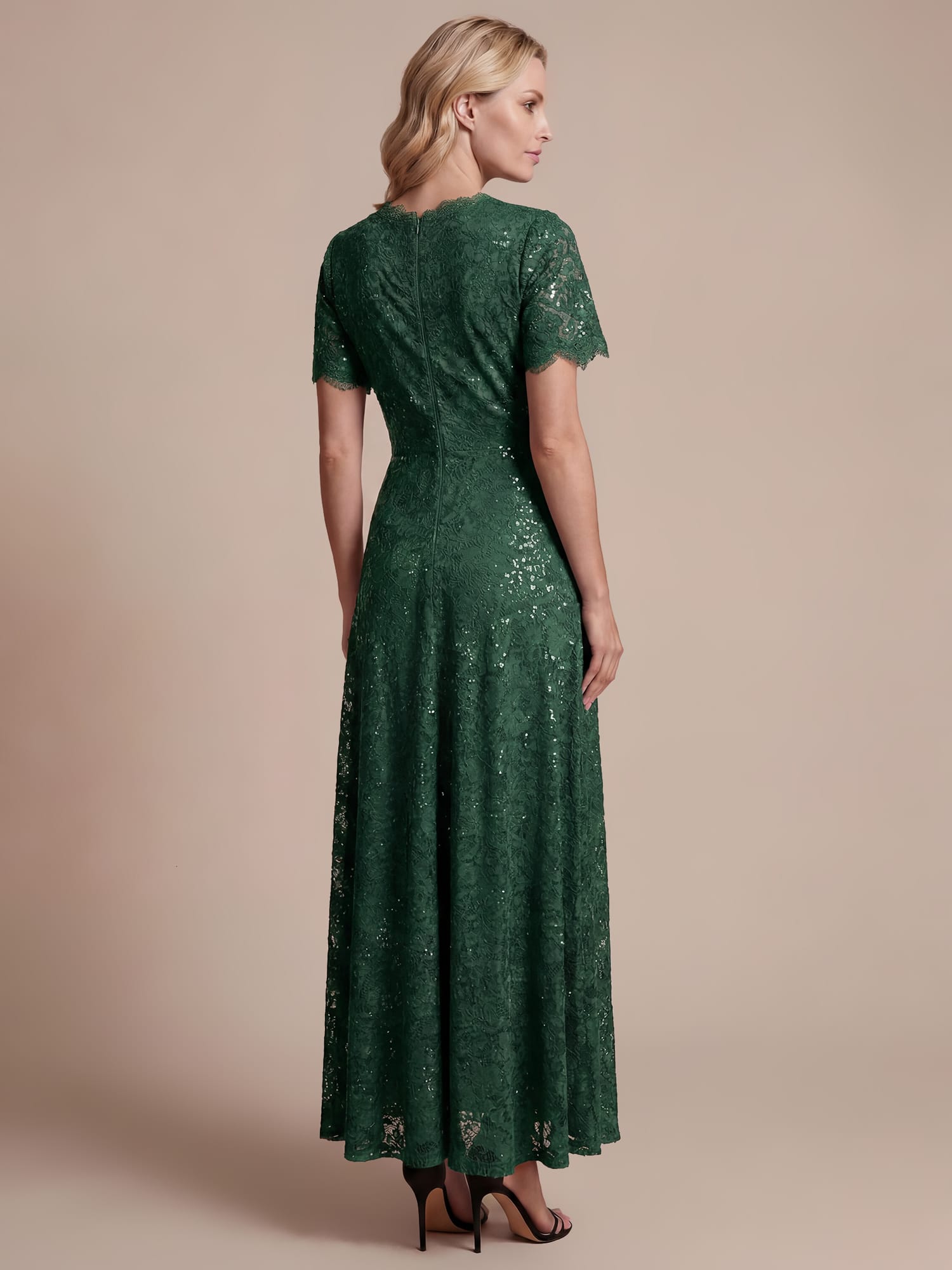 Sequin Lace Ruffle Sleeve Dress #color_Dark Green