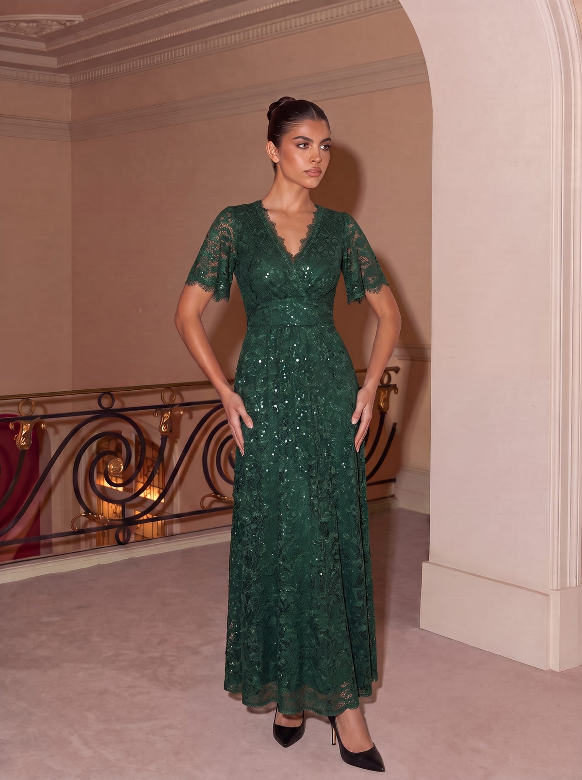 Sequin Lace Ruffle Sleeve Dress #color_Dark Green