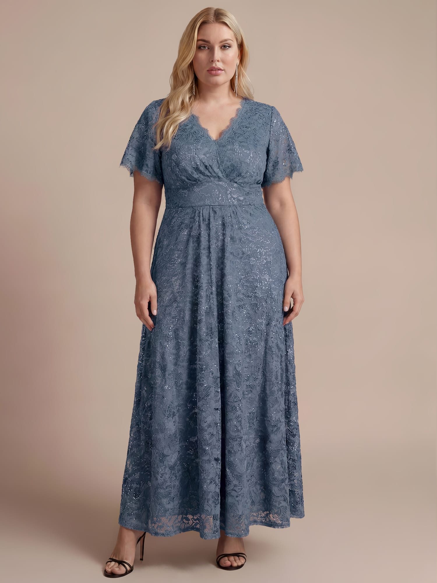 Sequin Lace Ruffle Sleeve Dress #color_Dusty Blue