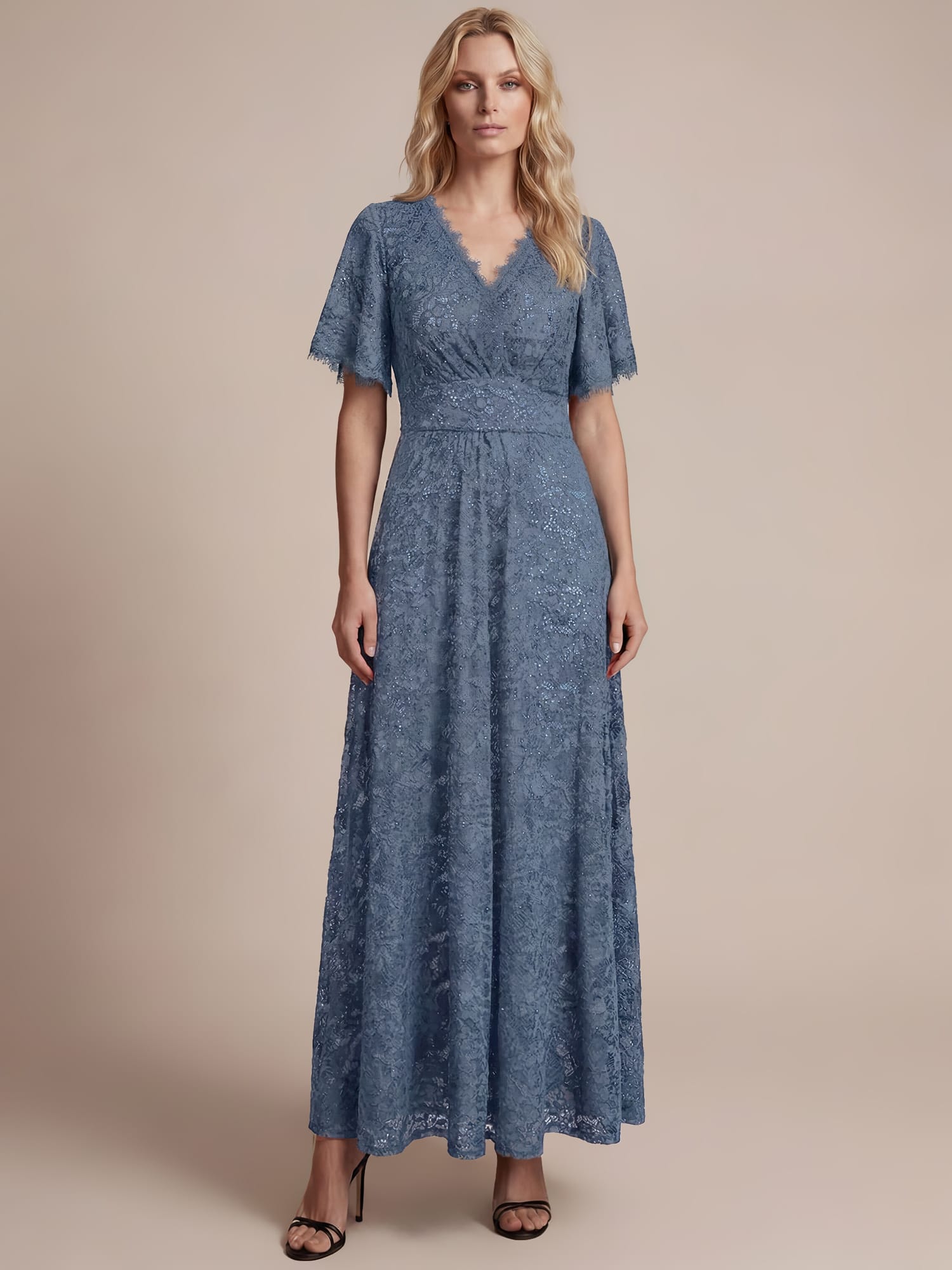 Sequin Lace Ruffle Sleeve Dress #color_Dusty Blue