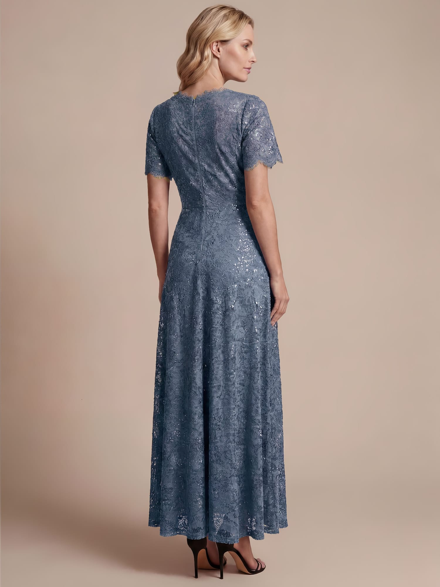 Sequin Lace Ruffle Sleeve Dress #color_Dusty Blue