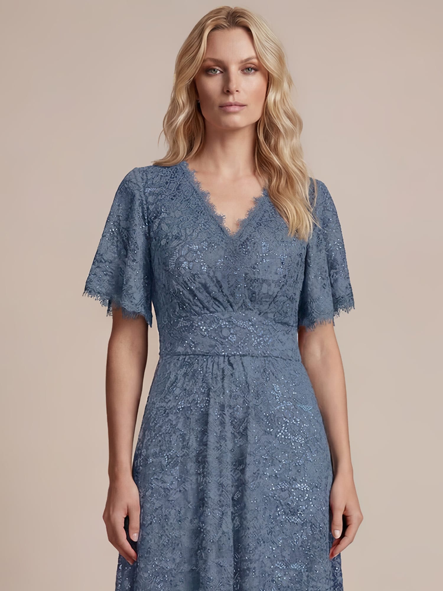 Sequin Lace Ruffle Sleeve Dress #color_Dusty Blue