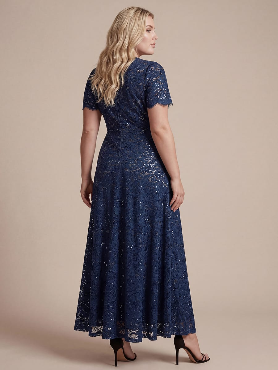 Sequin Lace Ruffle Sleeve Dress #color_Navy Blue