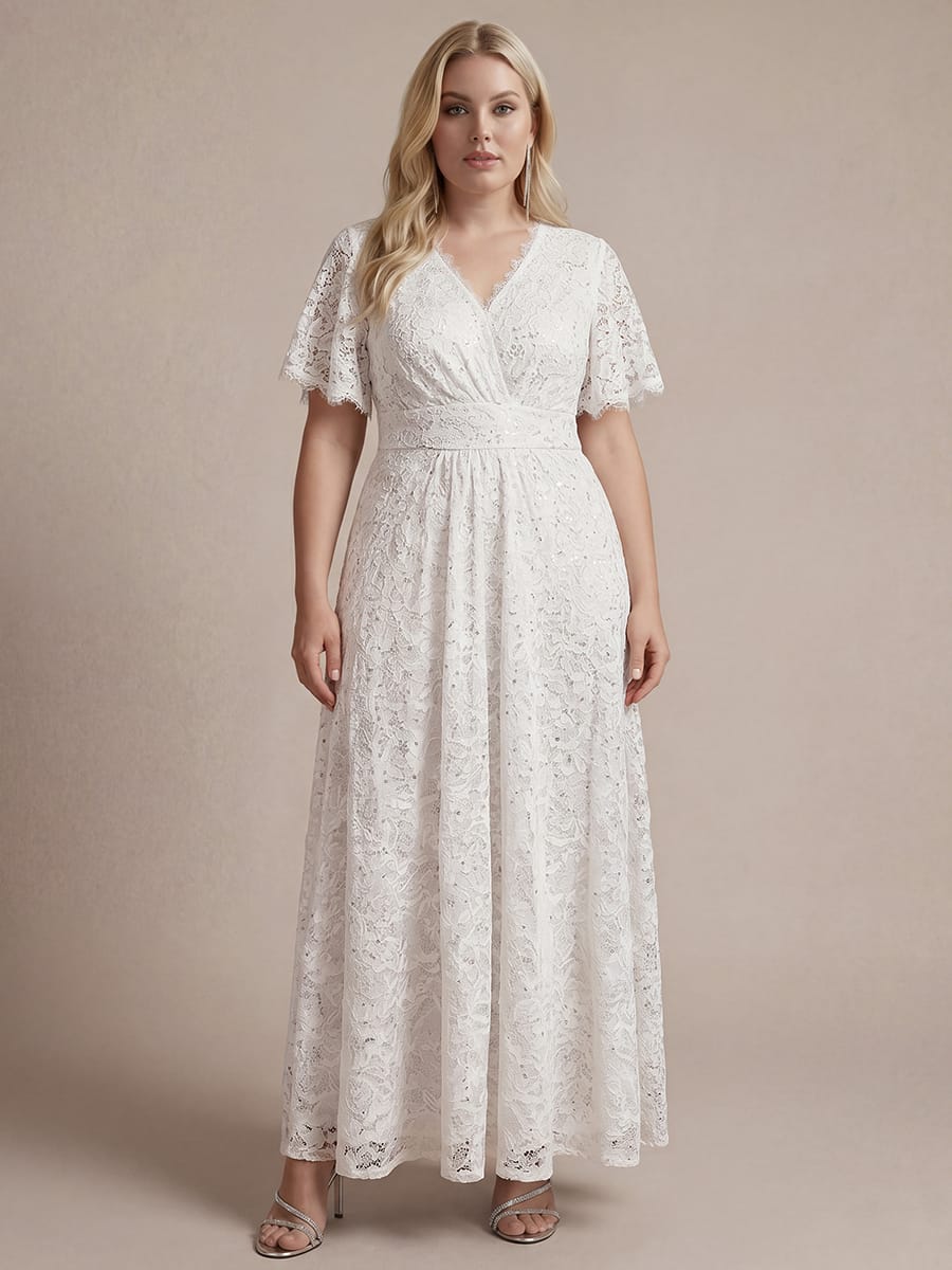 Sequin Lace Ruffle Sleeve Dress #color_White