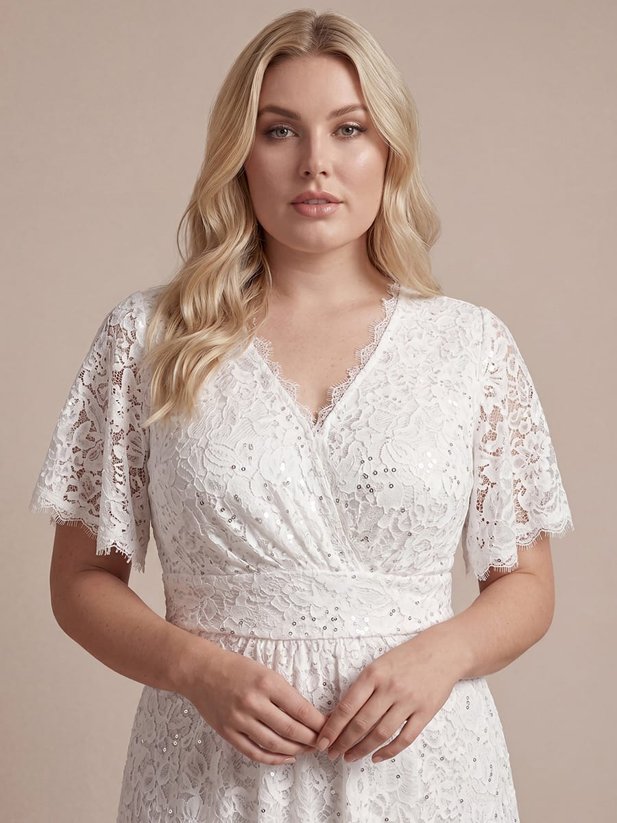 Sequin Lace Ruffle Sleeve Dress #color_White
