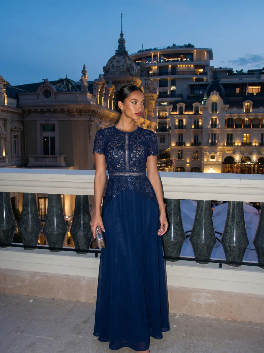 Sequin Lace Puff Sleeve Dress #color_Navy Blue
