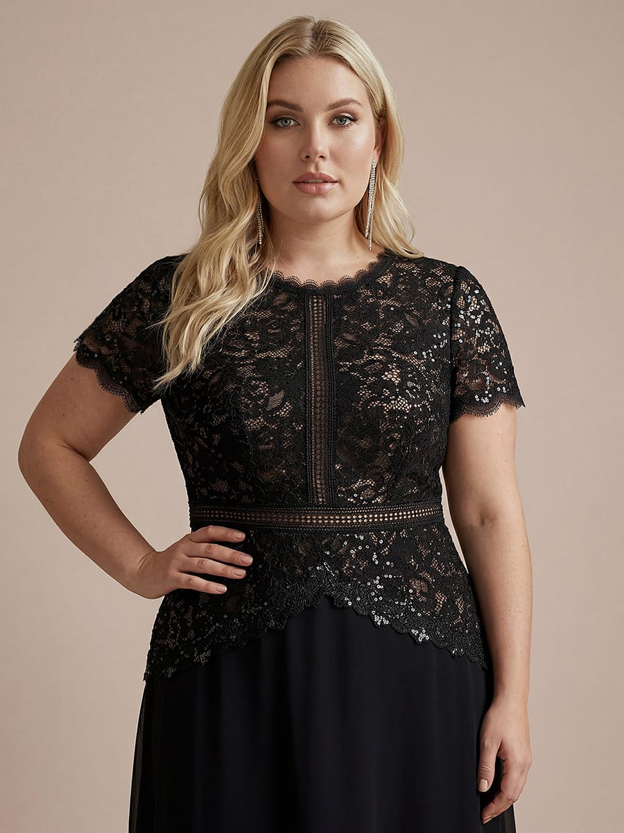 Sequin Lace Puff Sleeve Dress #color_Black