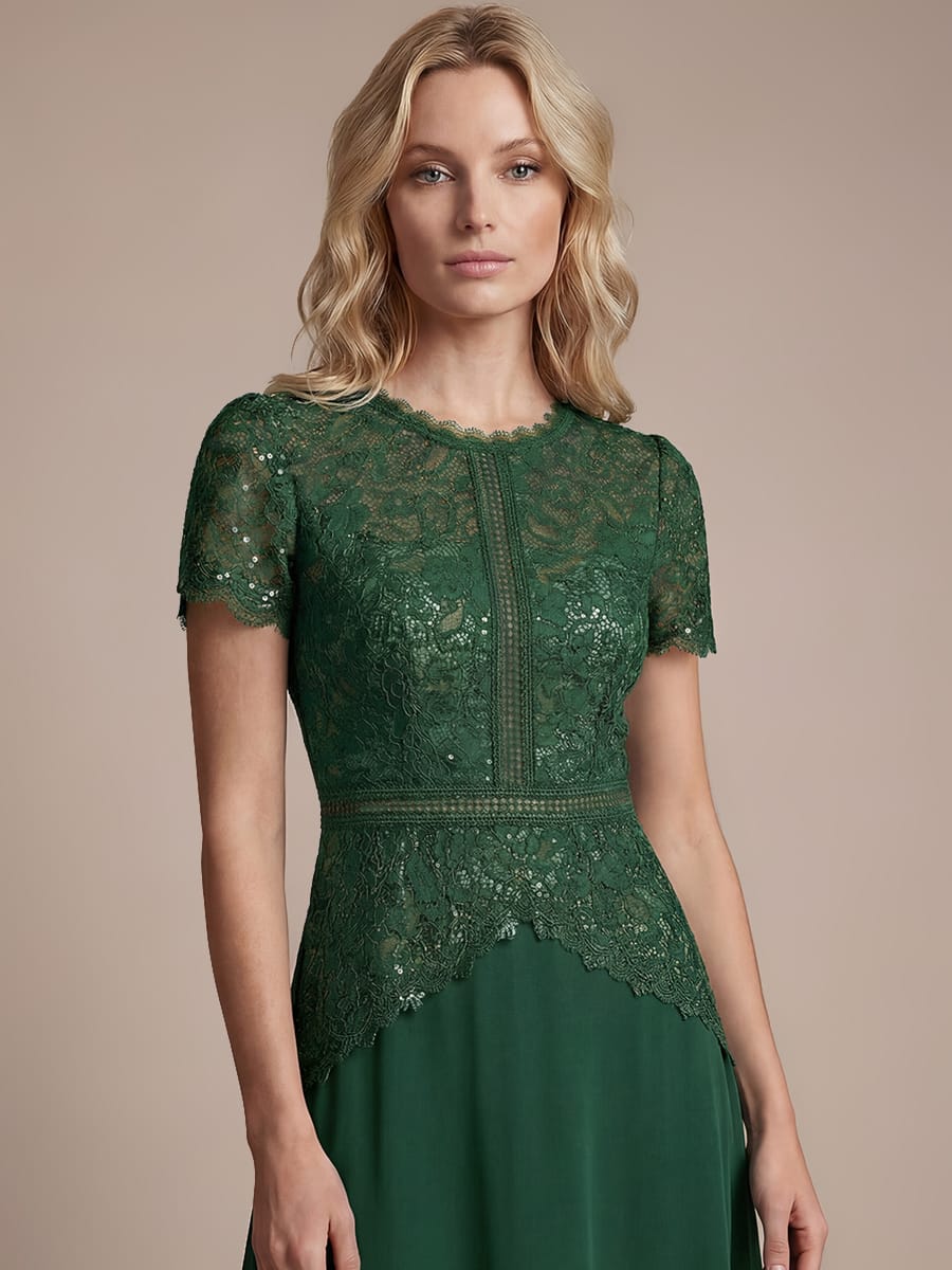 Sequin Lace Puff Sleeve Dress #color_Dark Green