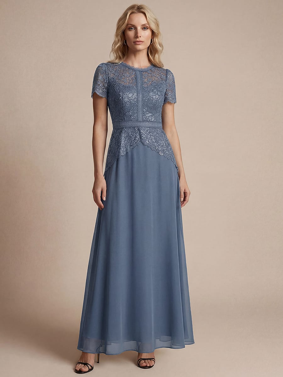Sequin Lace Puff Sleeve Dress #color_Dusty Blue