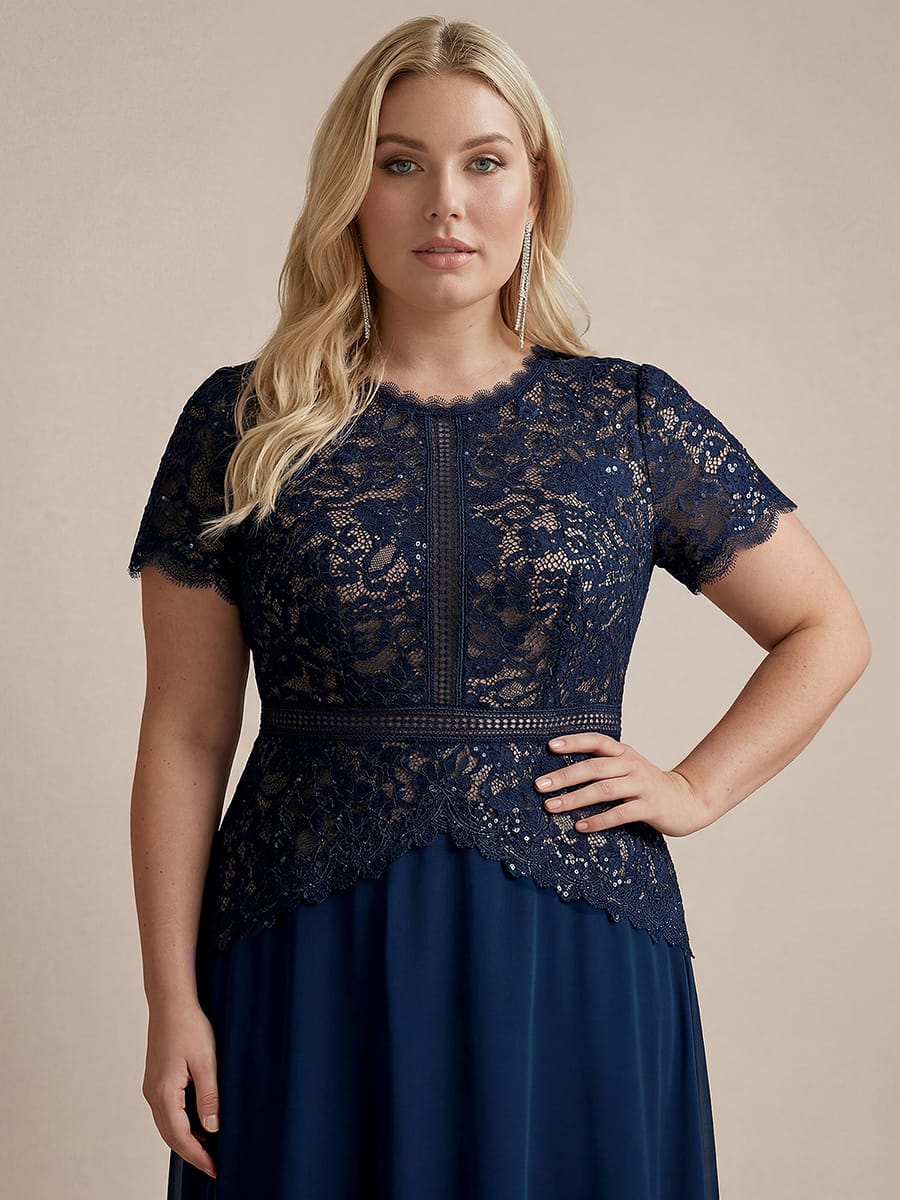 Sequin Lace Puff Sleeve Dress #color_Navy Blue