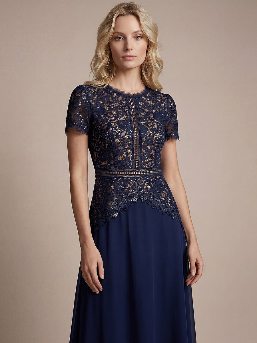 Sequin Lace Puff Sleeve Dress #color_Navy Blue