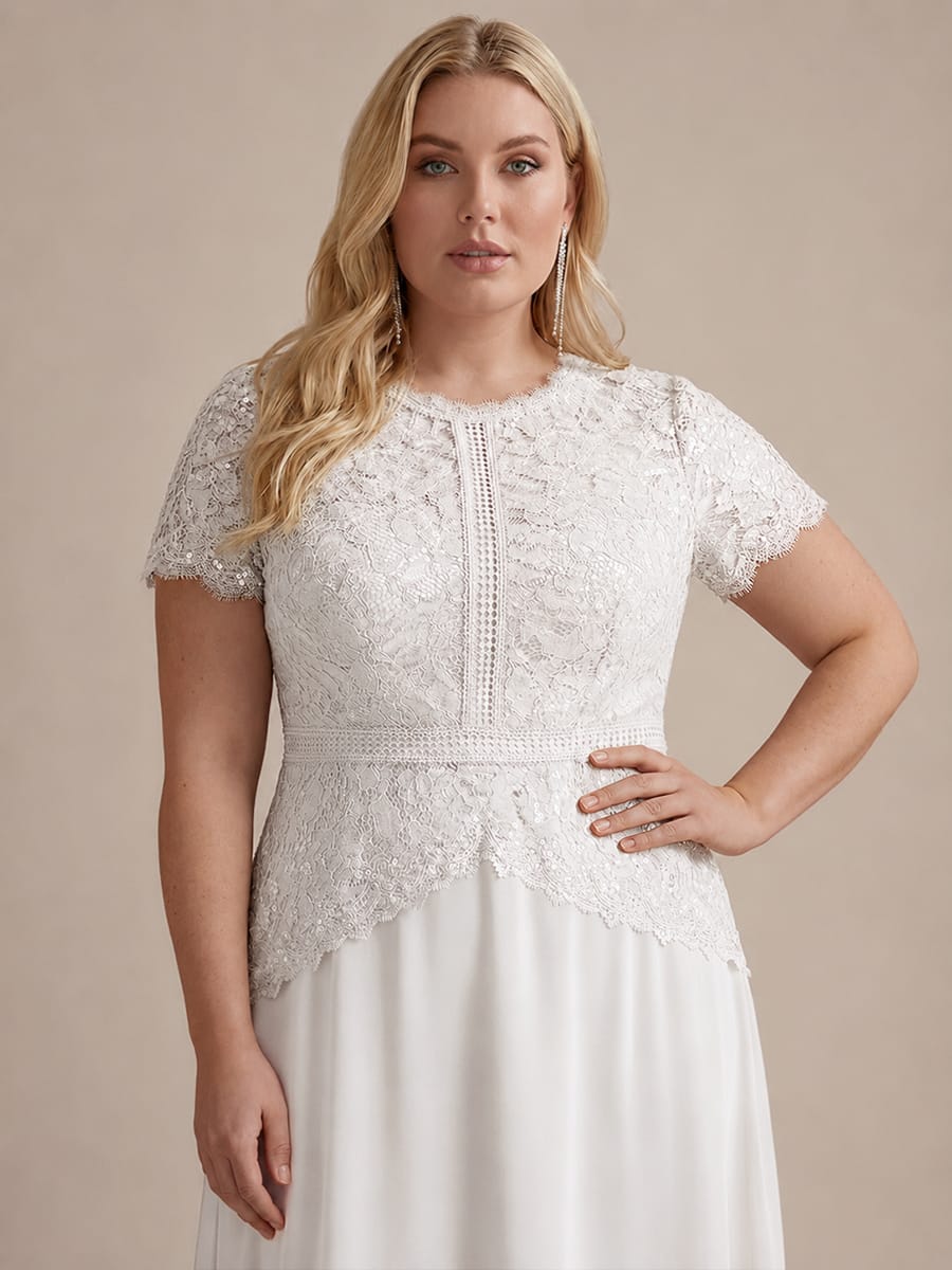 Sequin Lace Puff Sleeve Dress #color_White