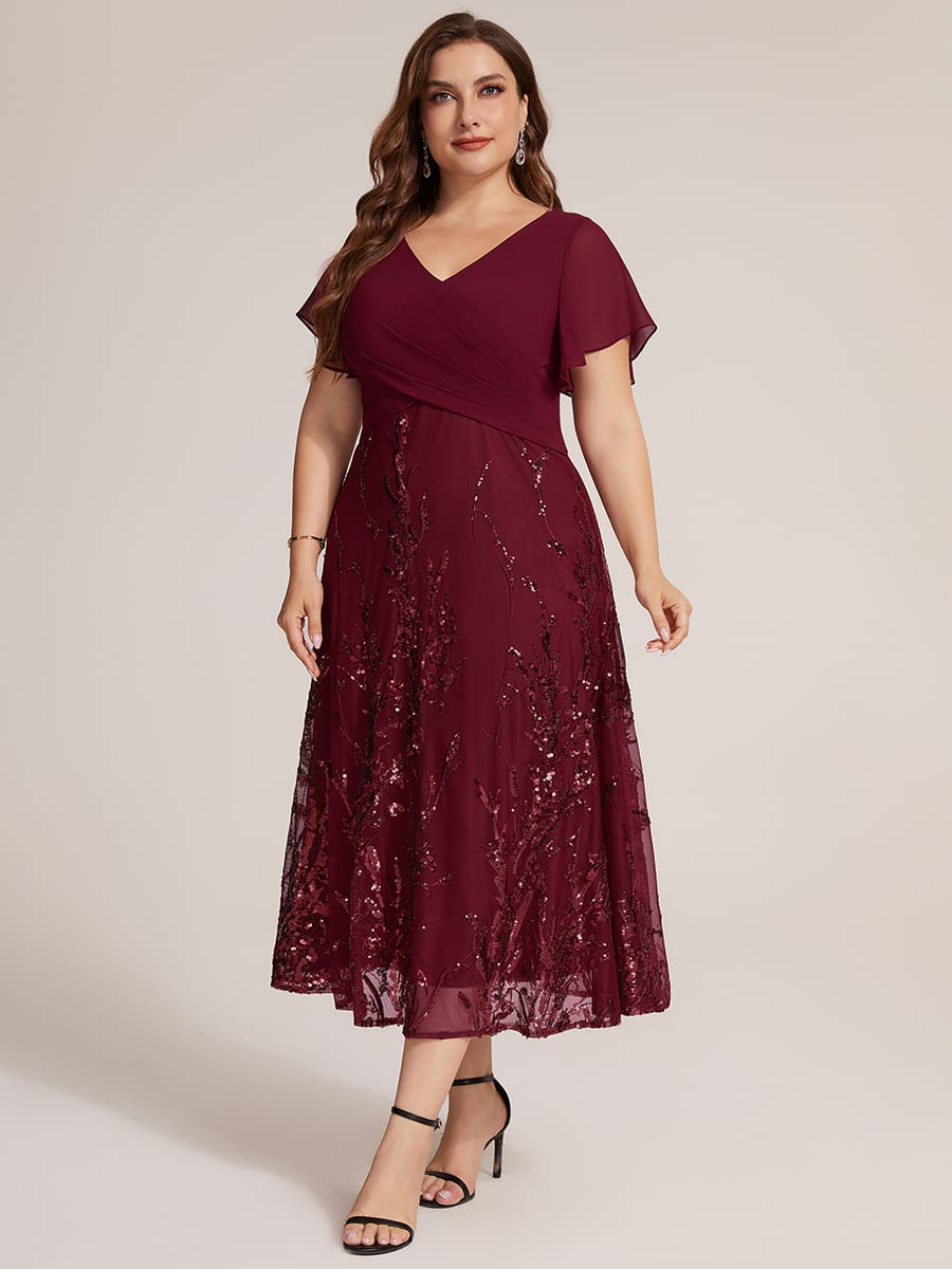Chiffon Ruffle Sleeve A-line Dress #color_Burgundy
