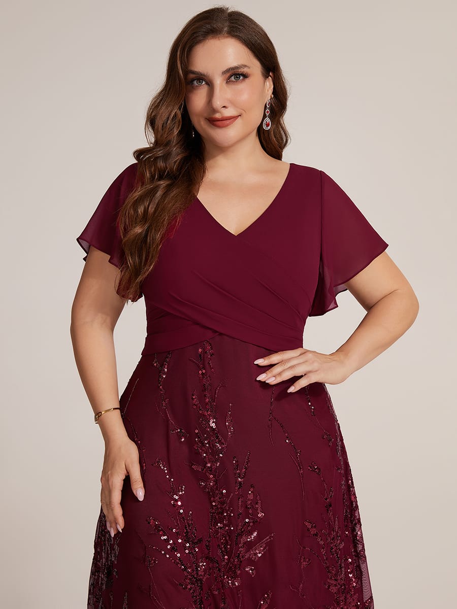 Chiffon Ruffle Sleeve A-line Dress #color_Burgundy