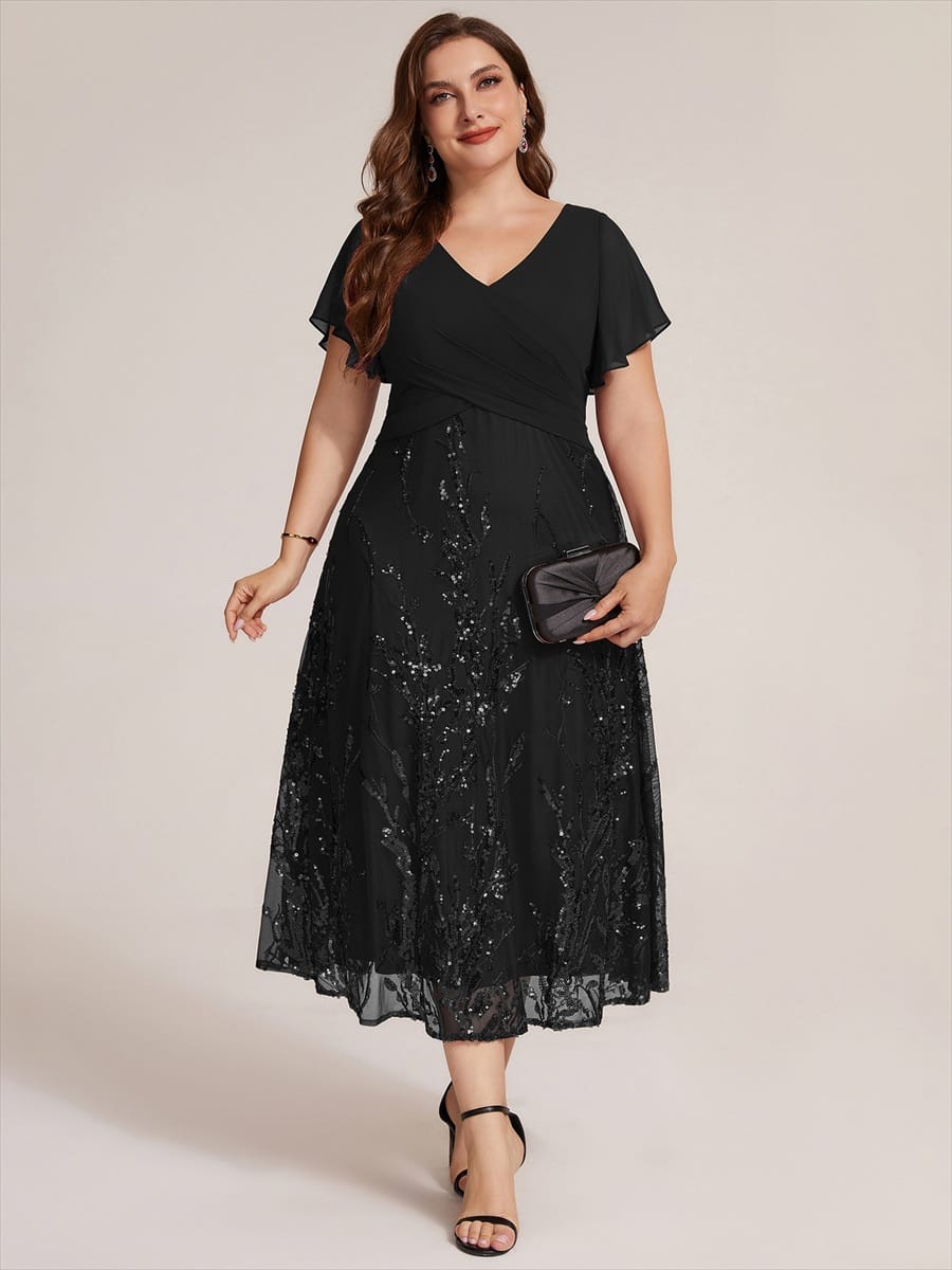 Chiffon Ruffle Sleeve A-line Dress #color_Black
