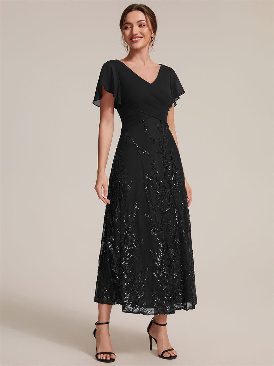 Chiffon Ruffle Sleeve A-line Dress #color_Black
