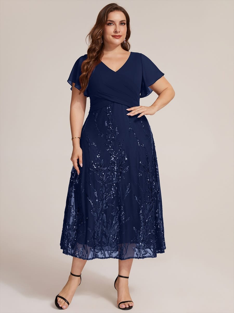 Chiffon Ruffle Sleeve A-line Dress #color_Navy Blue