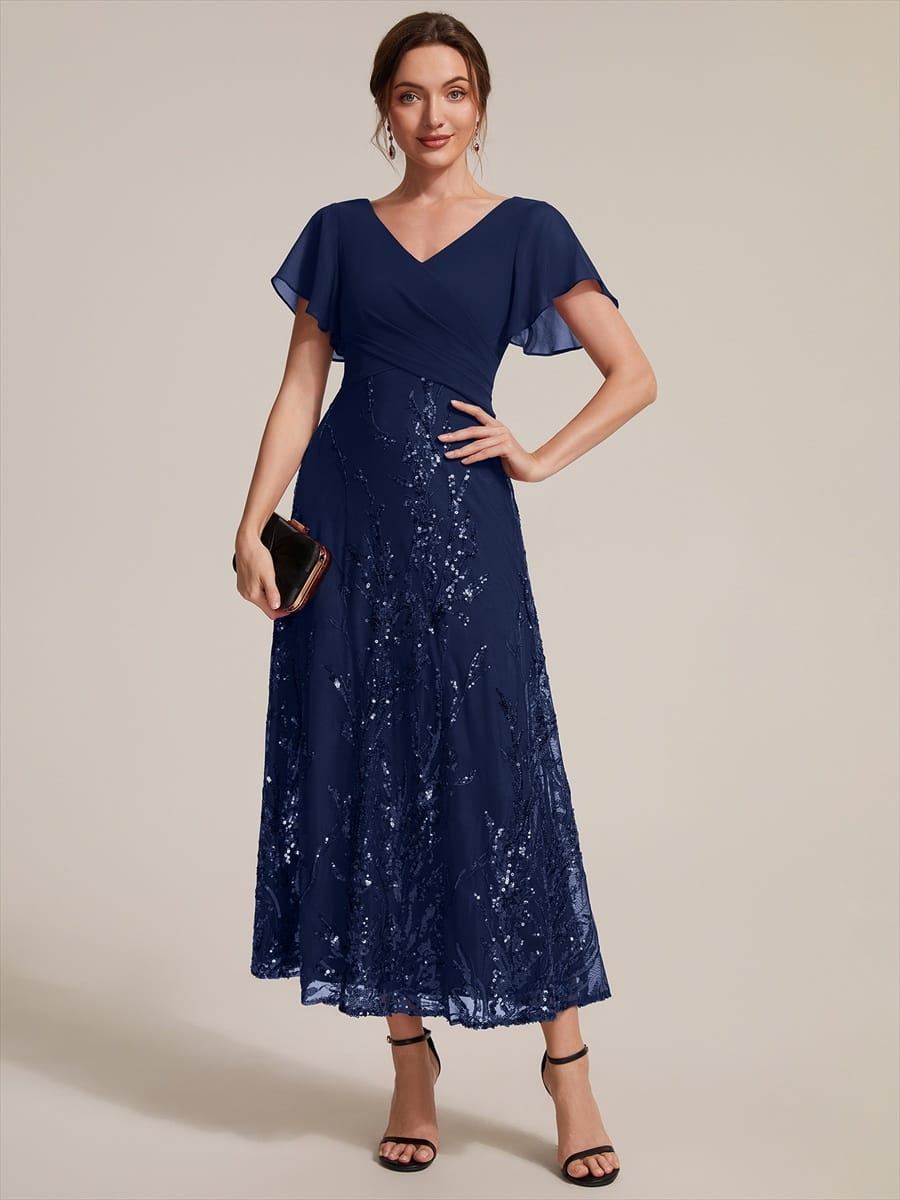 Chiffon Ruffle Sleeve A-line Dress #color_Navy Blue