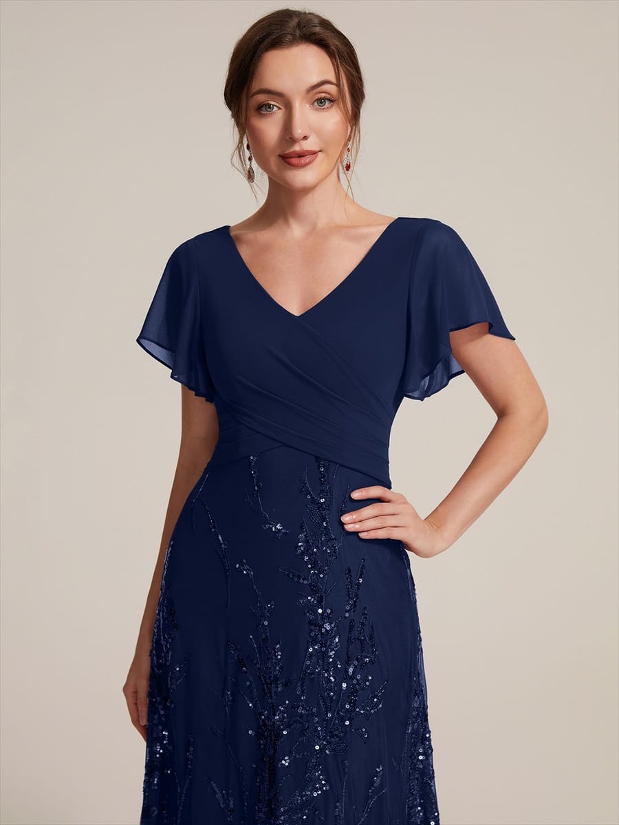 Chiffon Ruffle Sleeve A-line Dress #color_Navy Blue