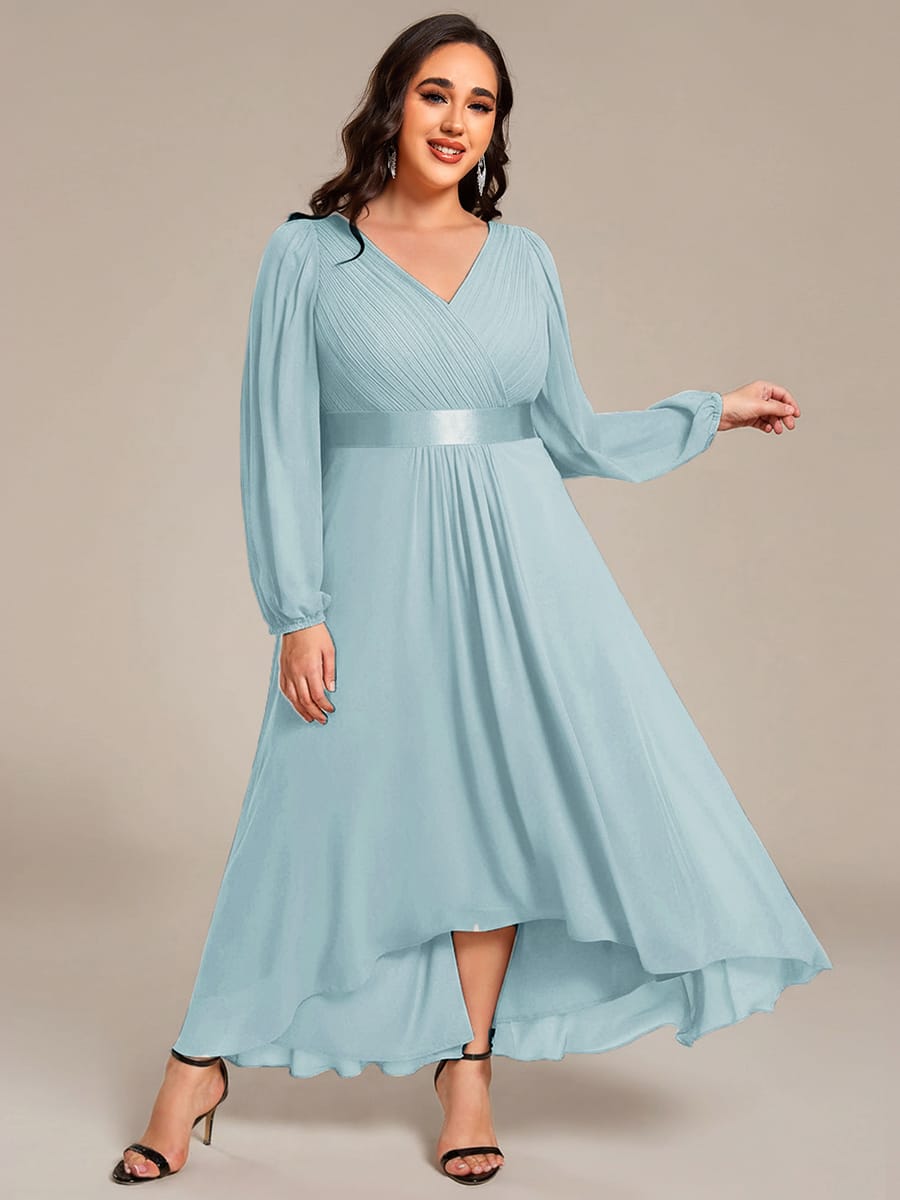 Chiffon Long Sleeve Empire Waist Midi Evening Dress #color_Sky Blue
