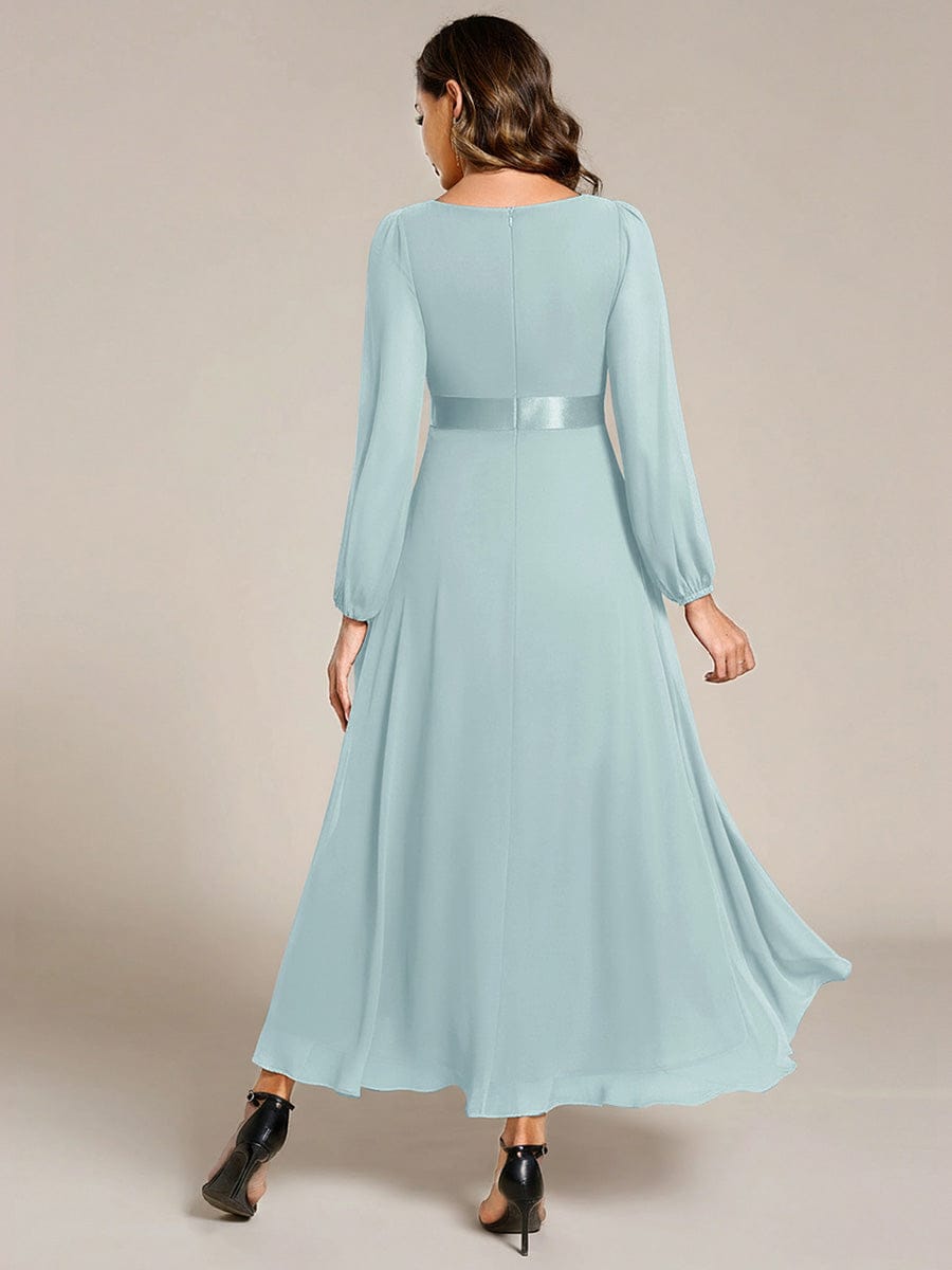 Chiffon Long Sleeve Empire Waist Midi Evening Dress #color_Sky Blue