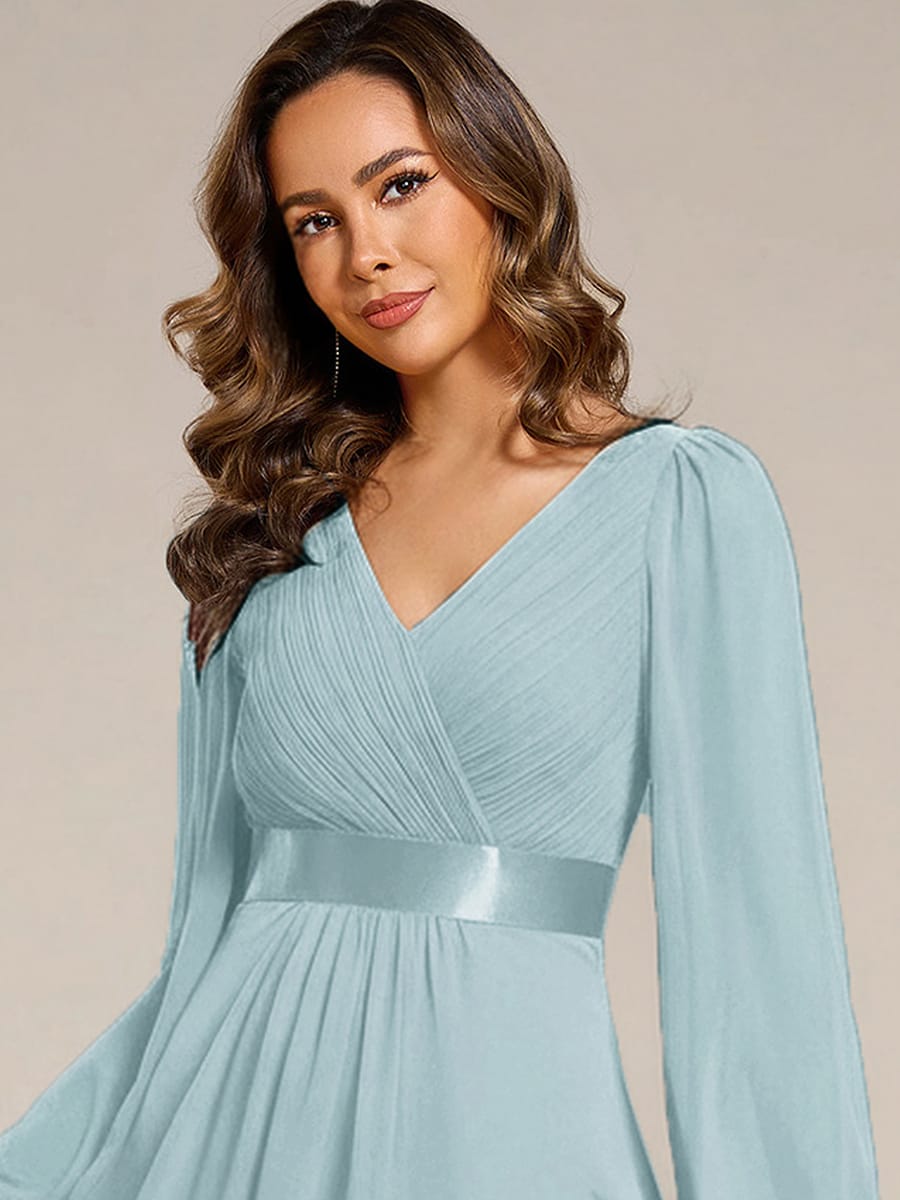 Chiffon Long Sleeve Empire Waist Midi Evening Dress #color_Sky Blue