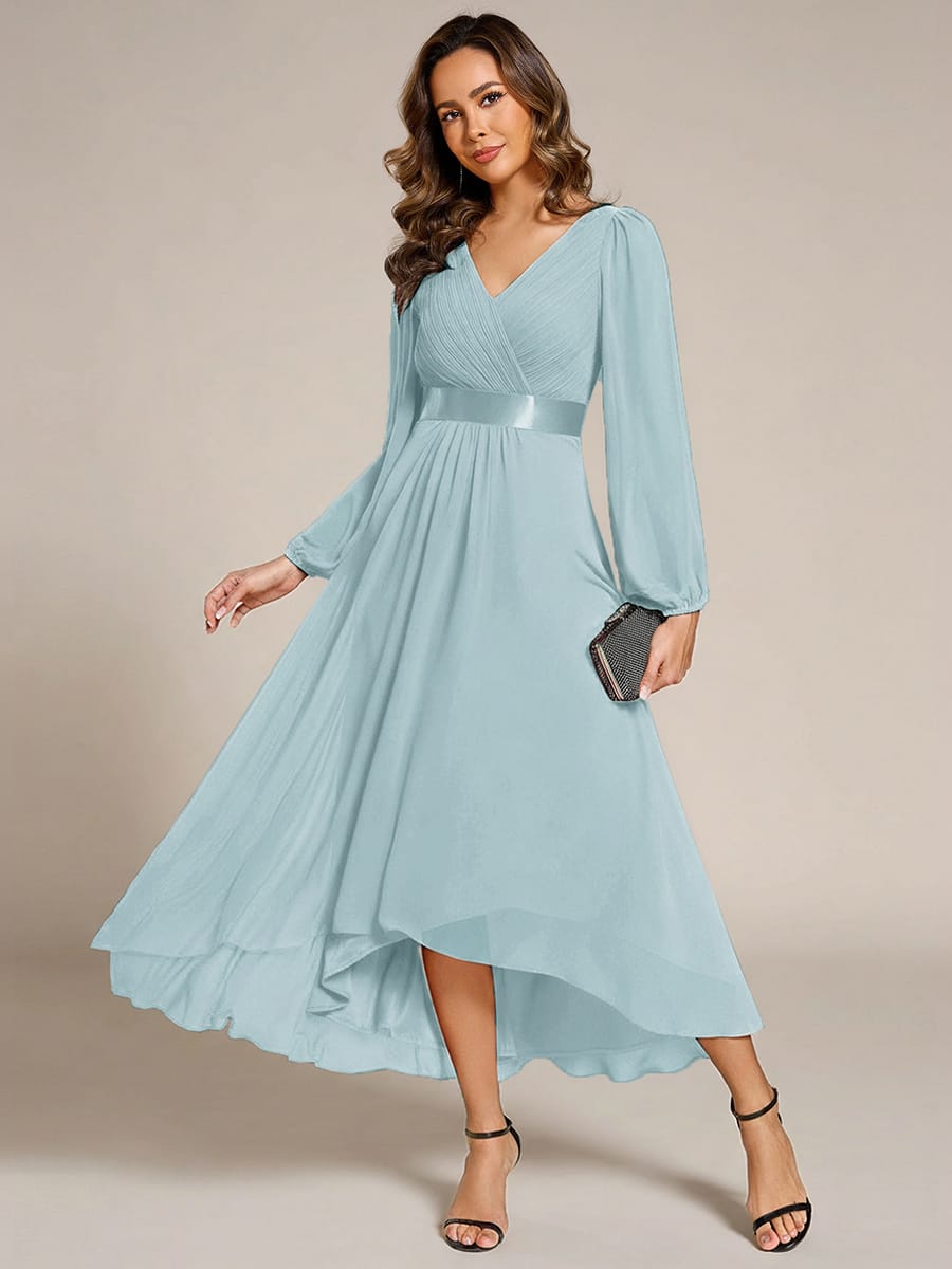 Chiffon Long Sleeve Empire Waist Midi Evening Dress #color_Sky Blue