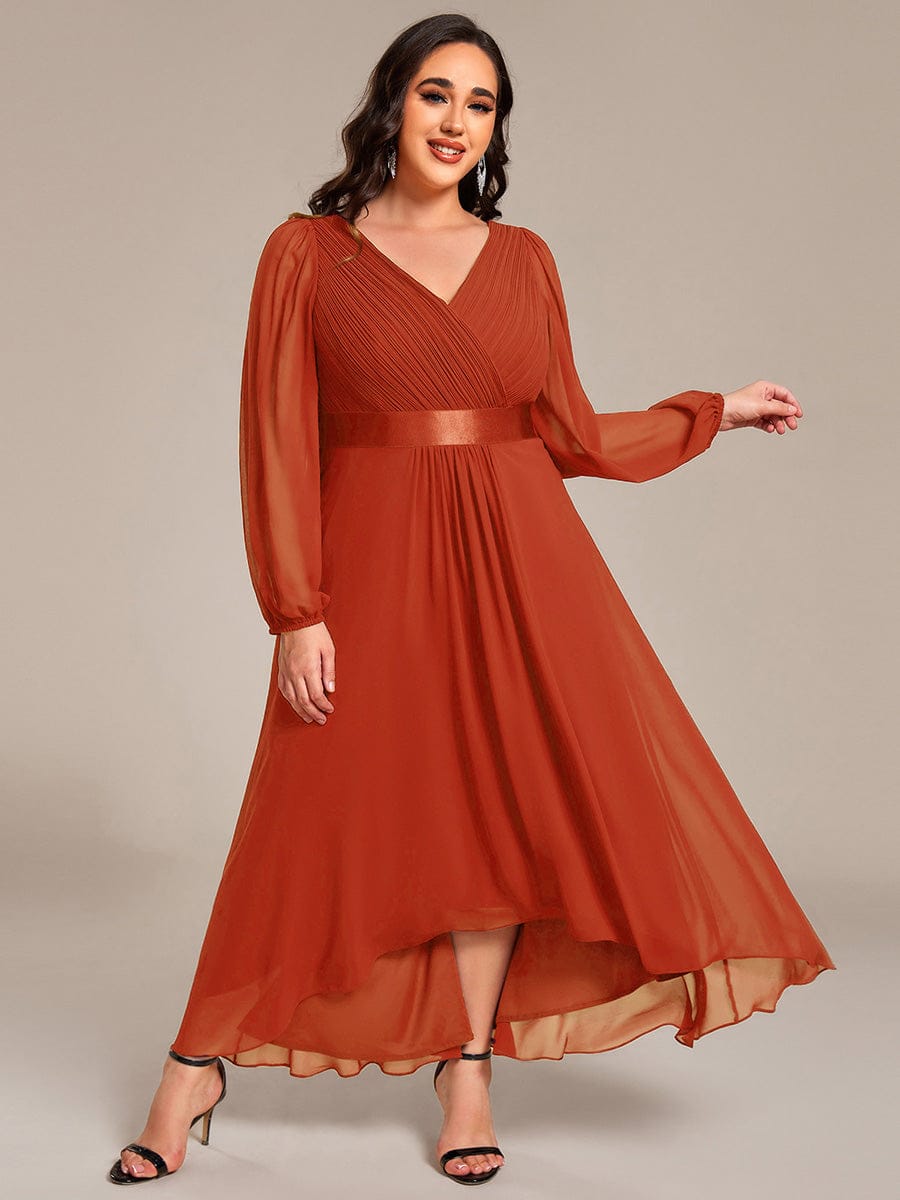 Chiffon Long Sleeve Empire Waist Midi Evening Dress #color_Burnt Orange