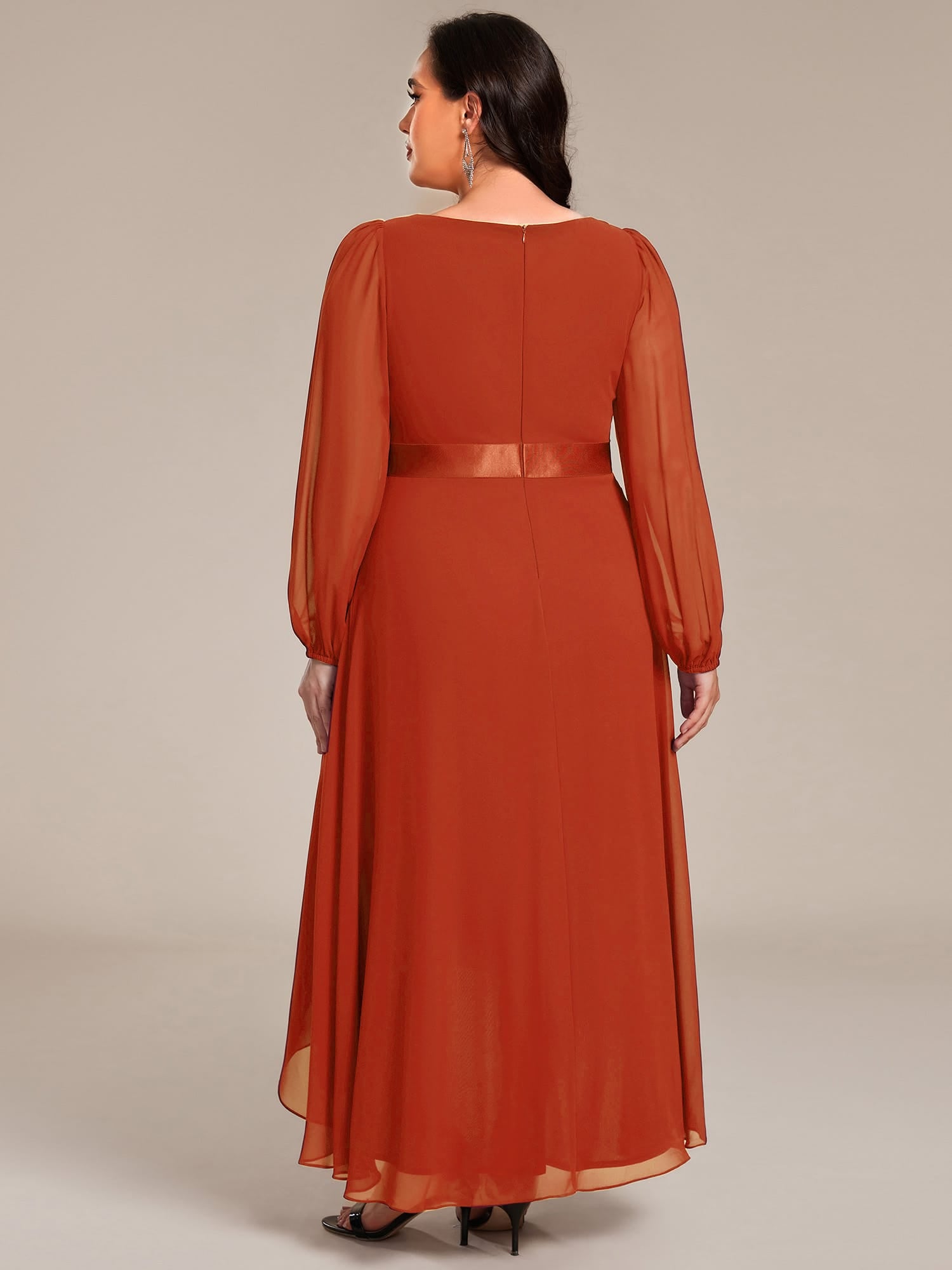 Chiffon Long Sleeve Empire Waist Midi Evening Dress #color_Burnt Orange