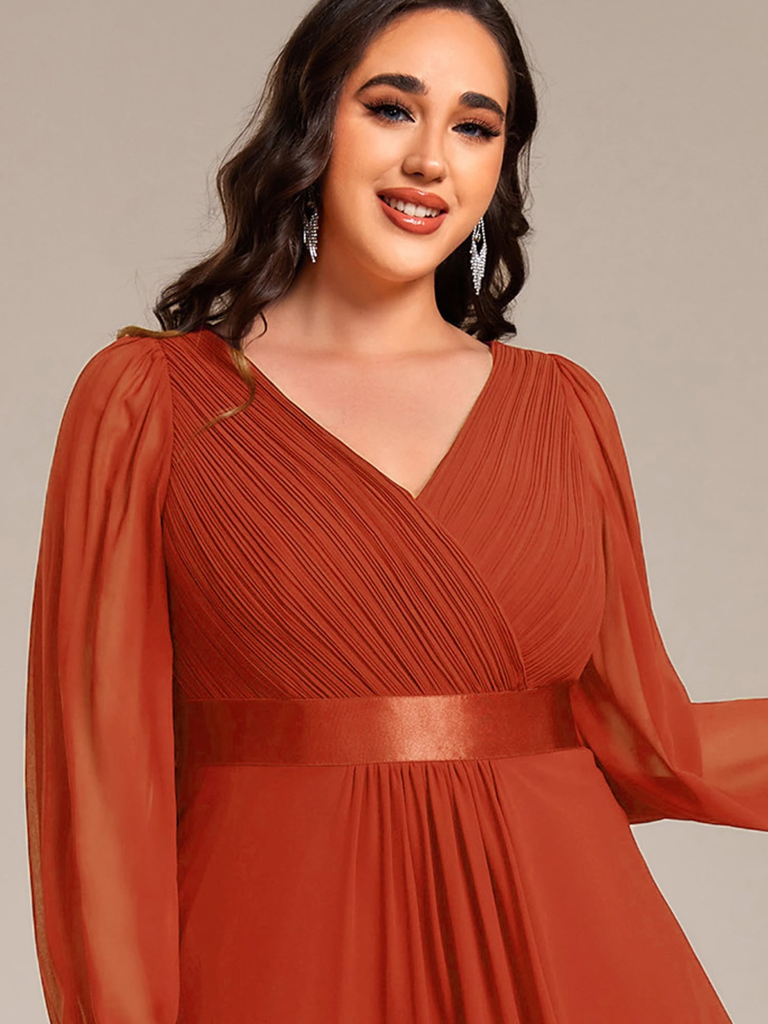 Chiffon Long Sleeve Empire Waist Midi Evening Dress #color_Burnt Orange