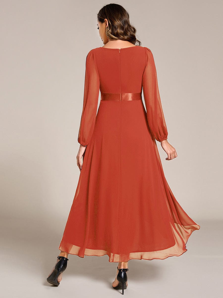 Chiffon Long Sleeve Empire Waist Midi Evening Dress #color_Burnt Orange
