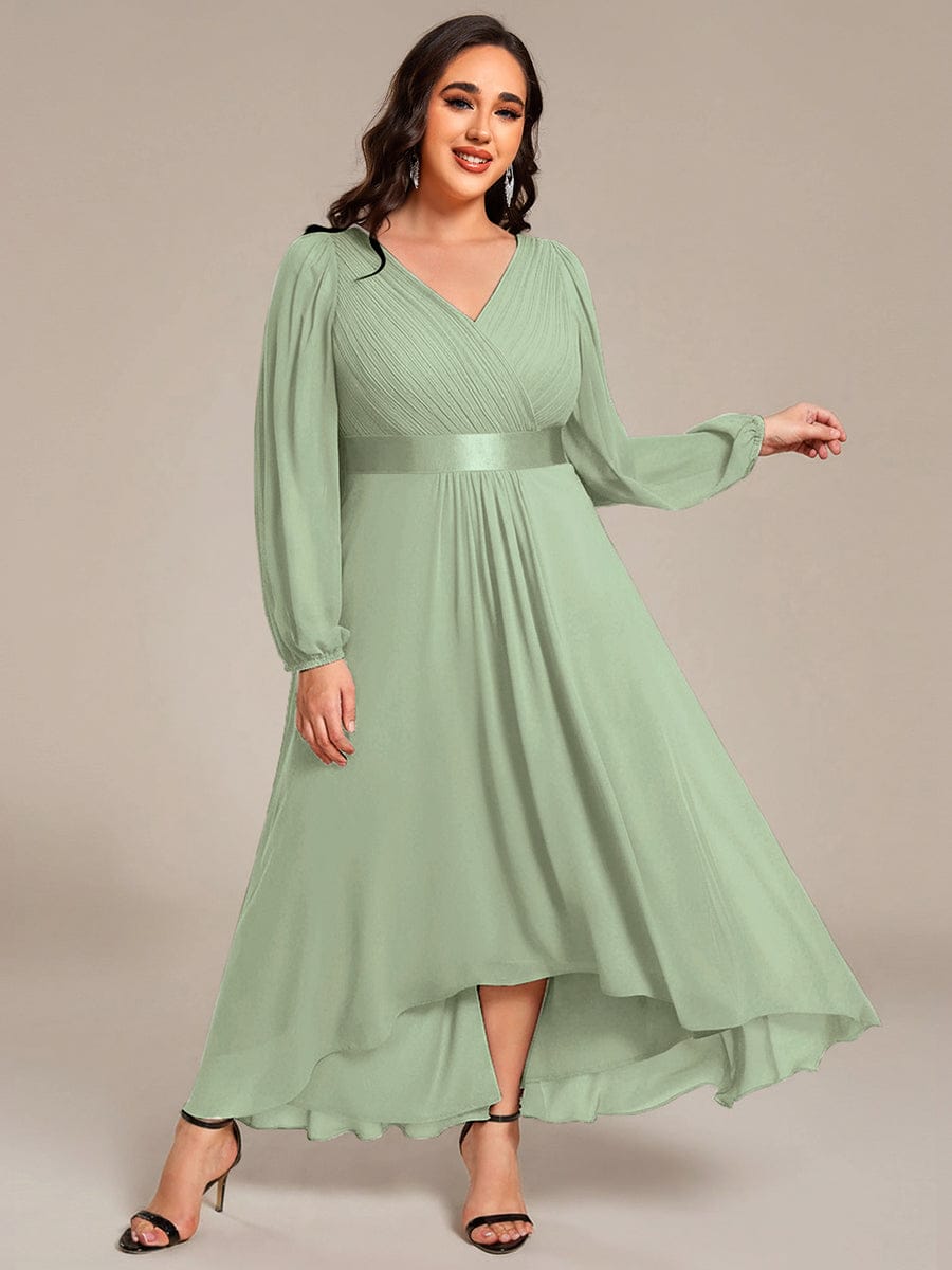 Chiffon Long Sleeve Empire Waist Midi Evening Dress #color_Mint Green